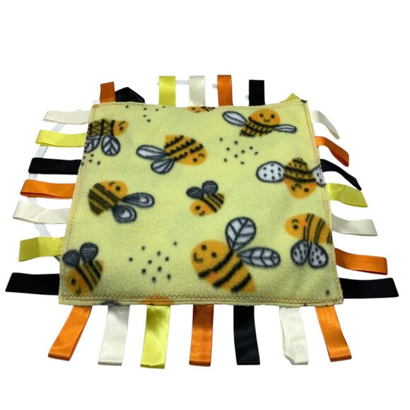 Bee-Themed Baby Tag Blanket With Satin Ribbons 17”x17” Soft Fleece Sensory Toy - Picture 2 of 4